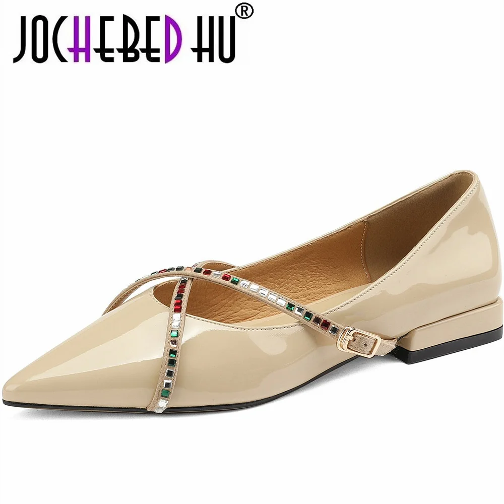 

【JOCHEBED HU】spring and autumn new Genuine Leather European and beautiful women's flat shoes cross rhinestone chain pointed34-42