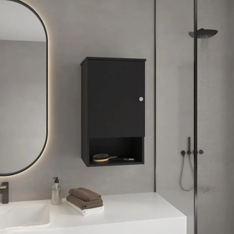 

Black Medicine Cabinet 28.6" High, 1 Door, 3 Shelves, Wall-Mounted Storage Solution