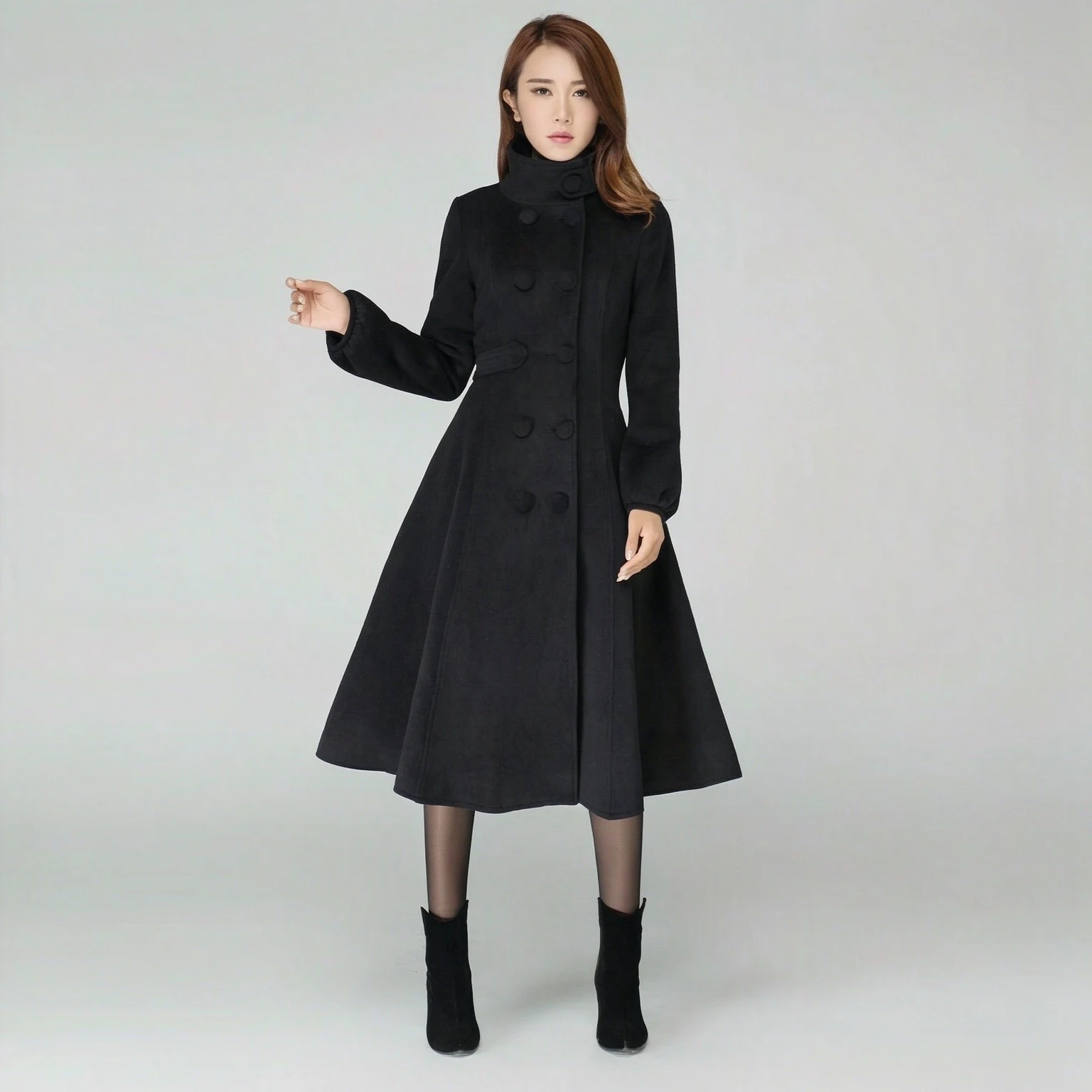 Blue Mid-Length Women's Wool Coat, Slim-Fit Stand-Collar Double-Breasted Warm Winter Jacket