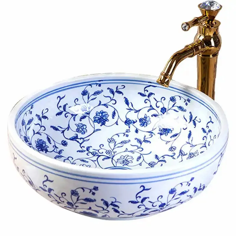 

Chinese blue and white porcelain table basin, lotus art wash basin, retro style bathroom wash basin, household single basin