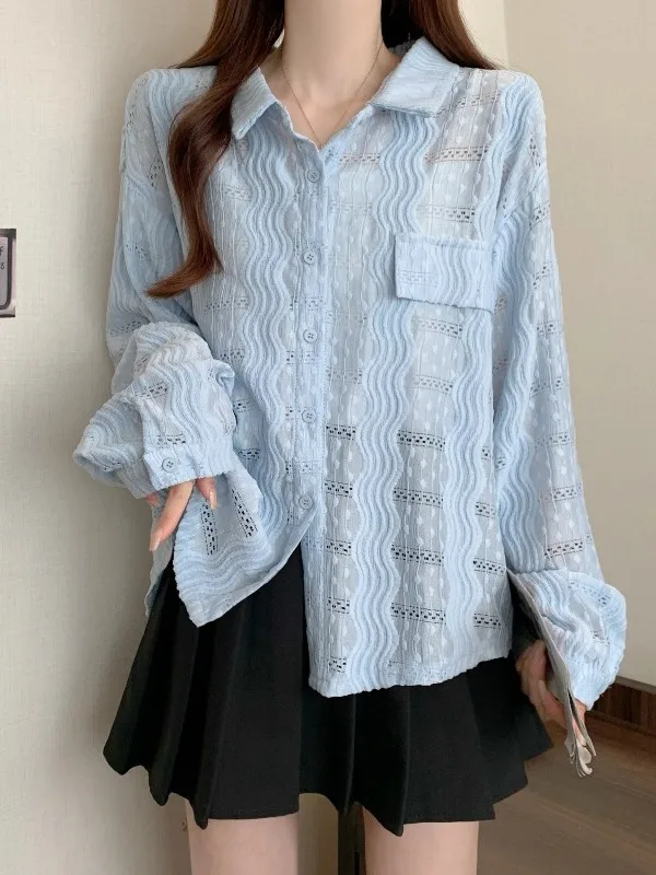 

Blue Hollow out irt Jaet Women's plus Size Spring 2026 New Unique Beautiful Belly Covering Top Loose Fit Long Sve