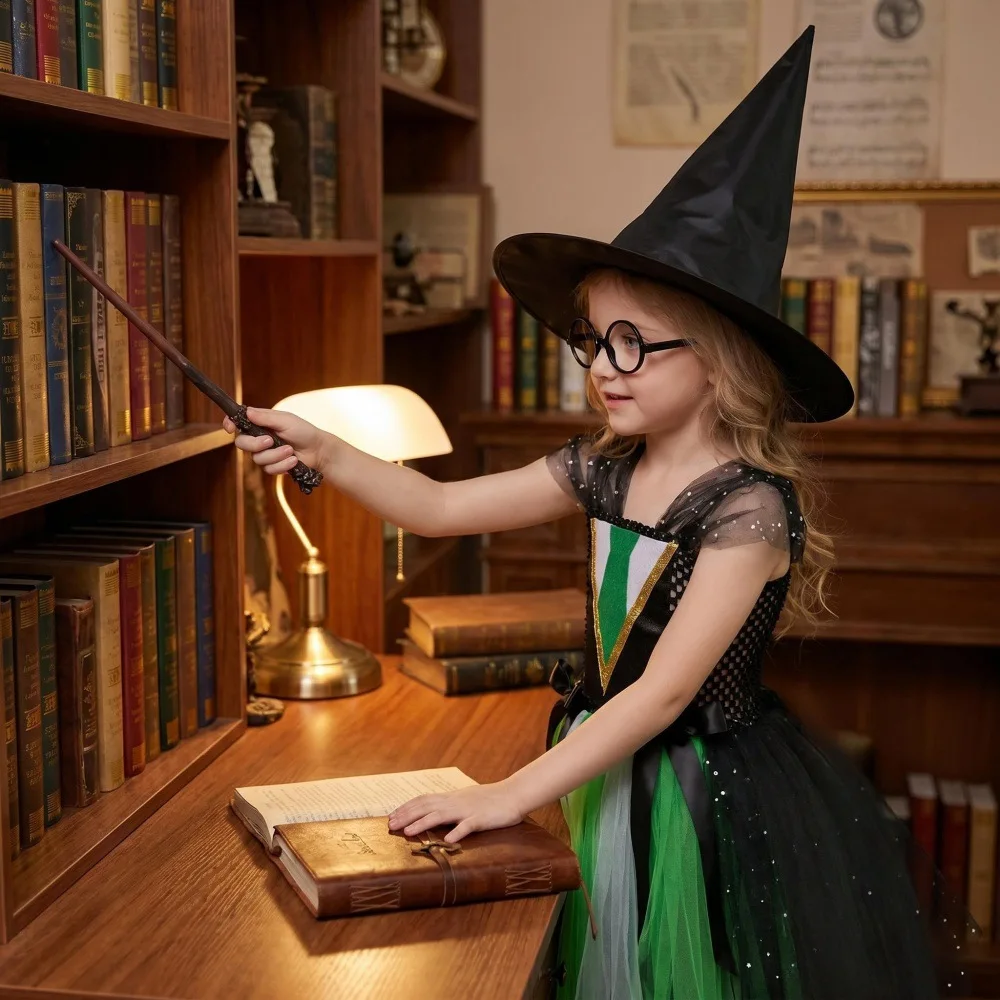 Halloween Wizard Tulle Tutu Dress Set with Pointed Hat Magic Wand Glasses Sparkly Mesh Outfit Carnival Celebration Party Wear