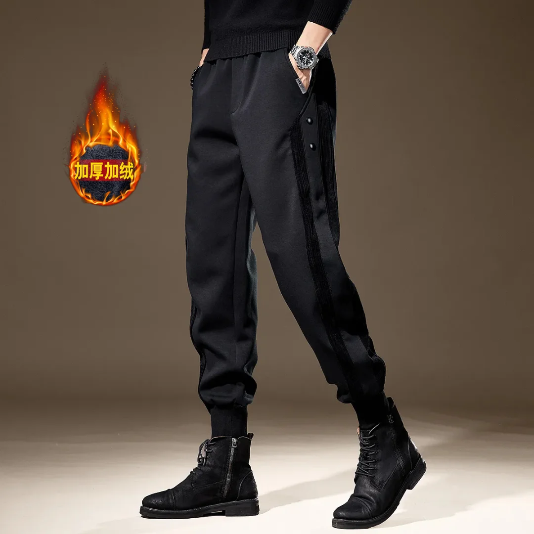 Men's Thick Casual Pants for Winter Black Sweatpants Korean Style Casual Warm Pants High-Quality Slim Fit Trousers Men Clothing