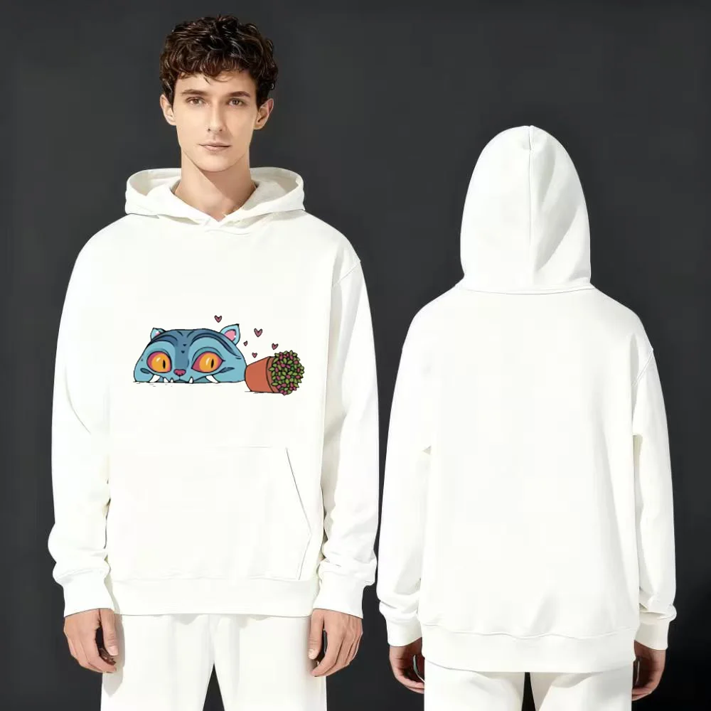 

Fashion 330gsm Heavyweight Hoodie White Cute Cat In Flower Pot Print Blue Eyes Hearts Design Unisex Casual Streetwear Pullover
