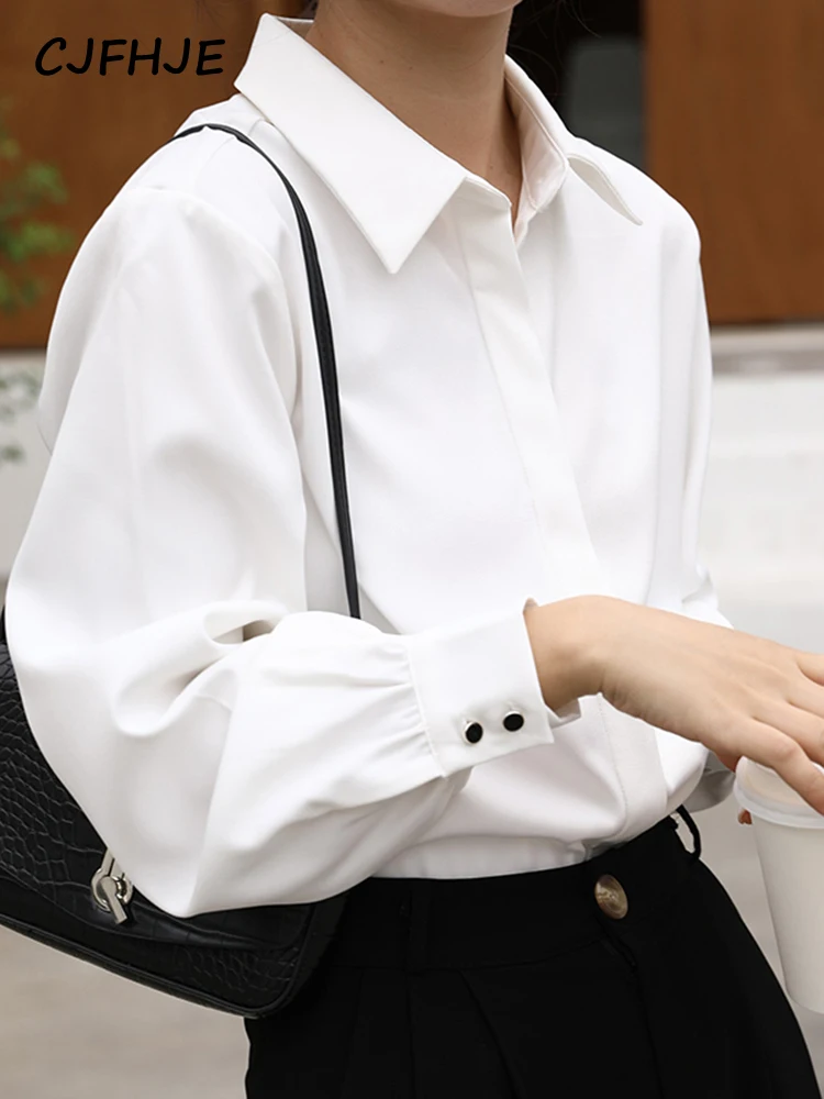 CJFHJE OL Style Formal Women Shirts White Turn-Down Collar Tops Elegant Workwear Female Blouse Single-Breasted Long Sleeve Shirt