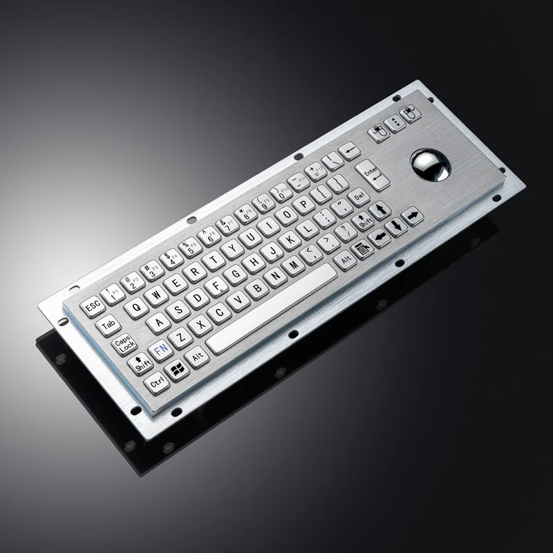 Rugged IP65 Waterproof Panel Mount USB Wired Stainless Steel Industrial Metal Keyboard With 36MM Trackball