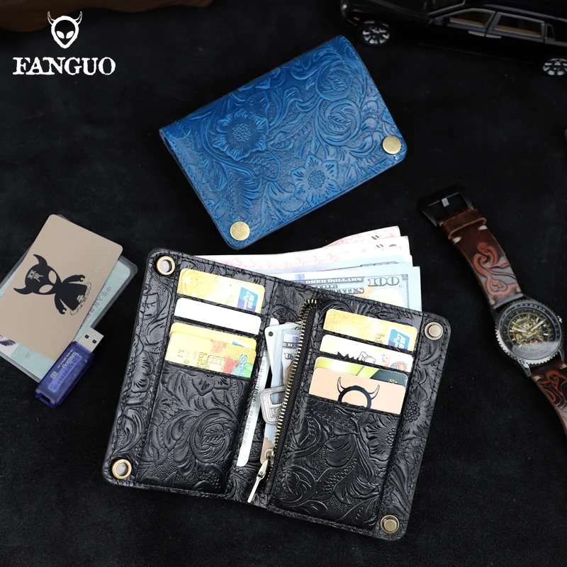 Handmade Men's Short Wallet Vintage Genuine Leather Credit Card Slot Coin Purse With Zipper Portable Storage Card Wallet