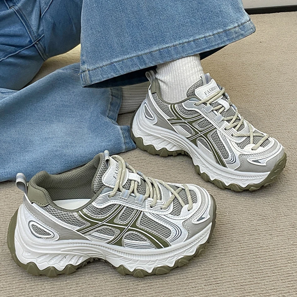 Leather mesh surface breathable women's shoes - Autumn new style thick-soled heightening casual shoes, sports shoes