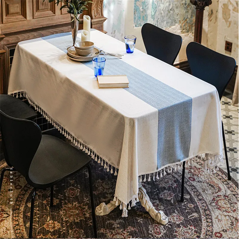 

Cotton Linen Tablecloth With Tassels Waterproof Oilproof Tea Striped Table Cloth Thick Rectangular Wedding Dining Table Cover