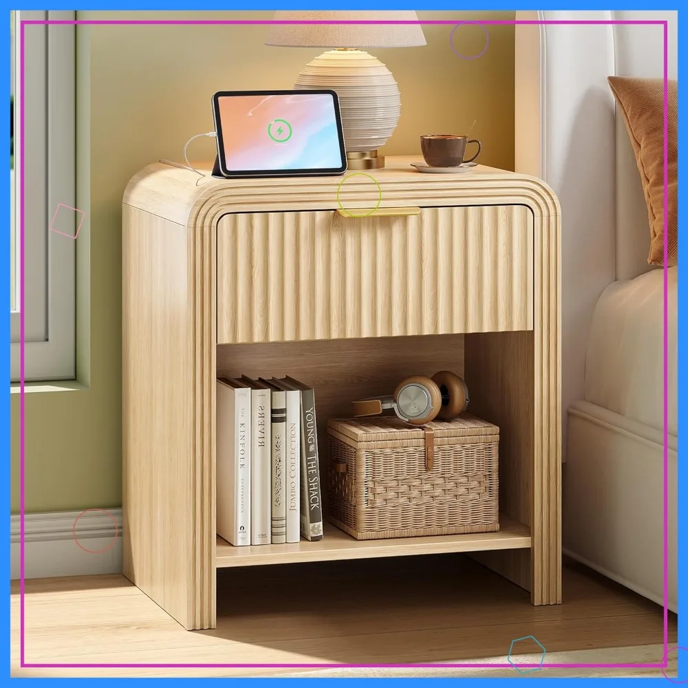 

Modern Fluted Nightstand with Charging Station, Gold Handles & Drawers, Curved Wood Side Table for Bedroom