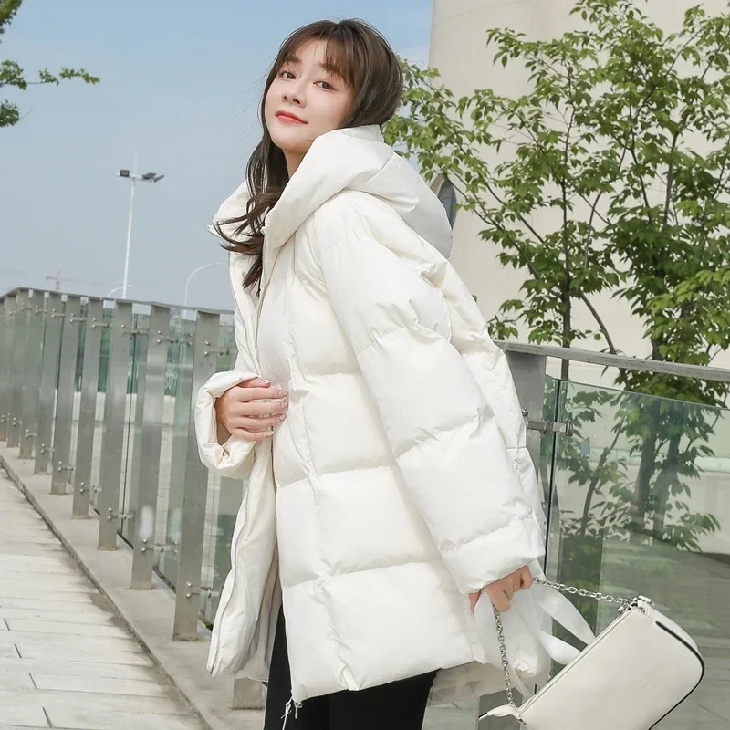 

Winter New Style Puffer Jackets Women White Zipper Long Down Jacket Woman Korean Loose Hooded Bubble Coats Female