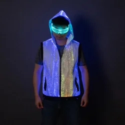 LED Light Up Optical Men Jacket Hoodie Vest Coat Luminous Rave Costume Party Nightclub DJ Stage Dance Wear Fancy Circus Show