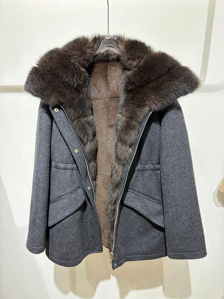 2026 Women Wool Blend Jacket Natural Fox Fur Collar Real Rabbit Fur Lining Winter Warm Parka Coat