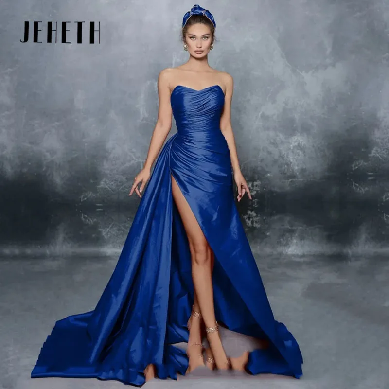 

JEHETH Strapless Pleat Sexy High Slit Evening Dress Sleeveless Open Back Women Party Banquet Floor Length with Sweep Train Gowns