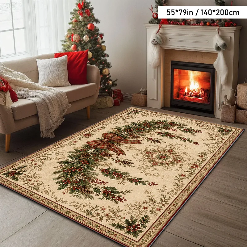 1pc Christmas Wreath Printed Area Rug, Pet Friendly, for Living Room, Bedroom, Dining Room, Entryway, Christmas Home Decor