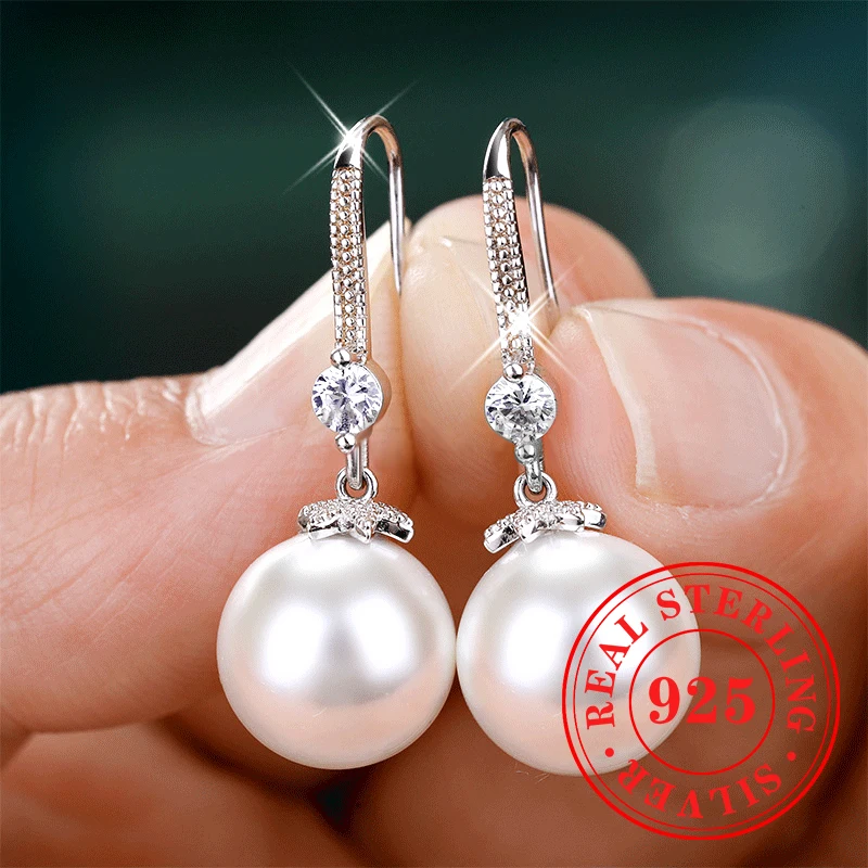 Huitan Elegant 925 Sterling Silver Round Imitation Pearl Drop Earrings Gorgeous Wedding Engagement Earrings Dainty Fine Jewelry