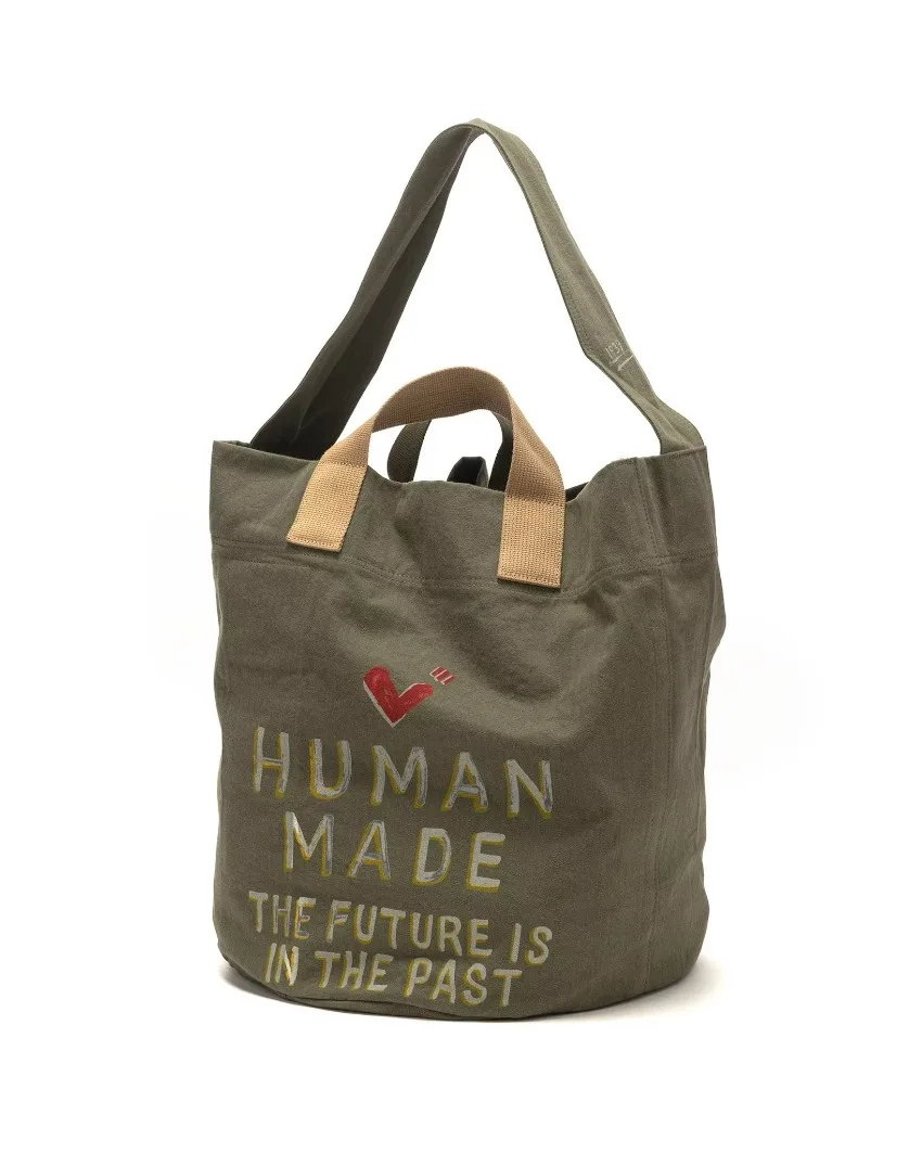 HUMAN MADE Unisex Multi Functional Tote Bag Olive Drab Military Cloth Graffiti Design Large Capacity Casual