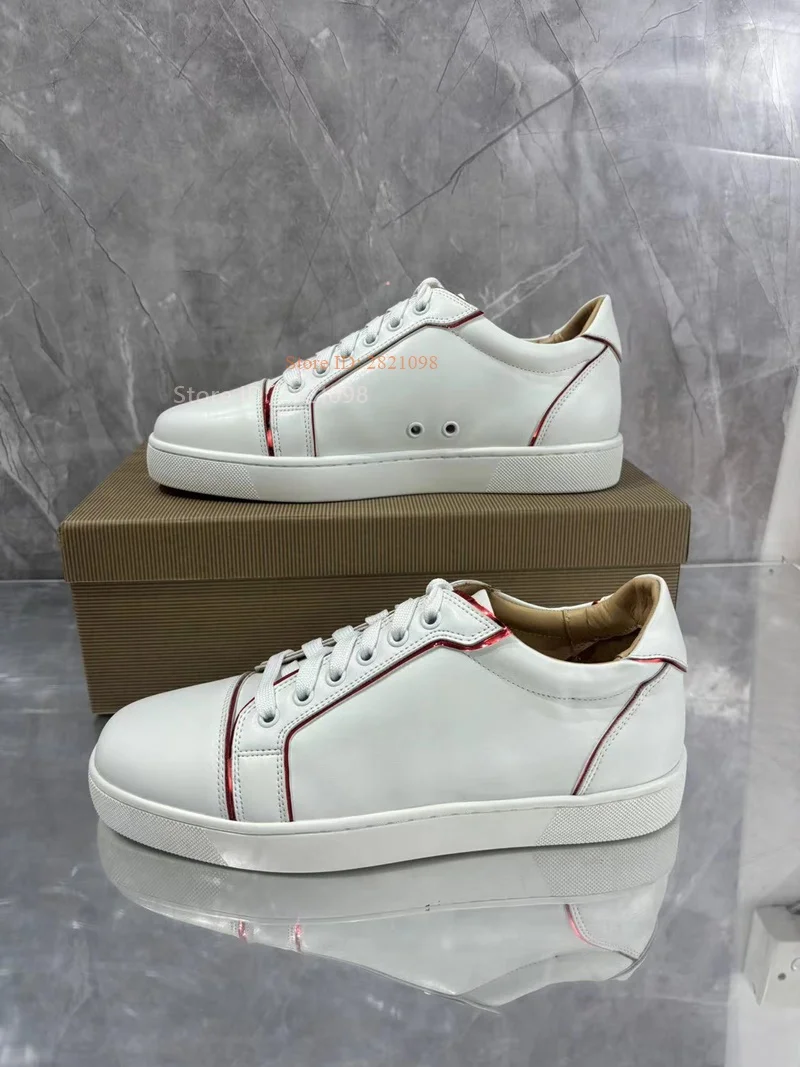 White Leather with Red Line Lace Up Sneakers for Men Women Mixed Color Casual Skateboard Shoes Fashion Breathable Flats Footwear