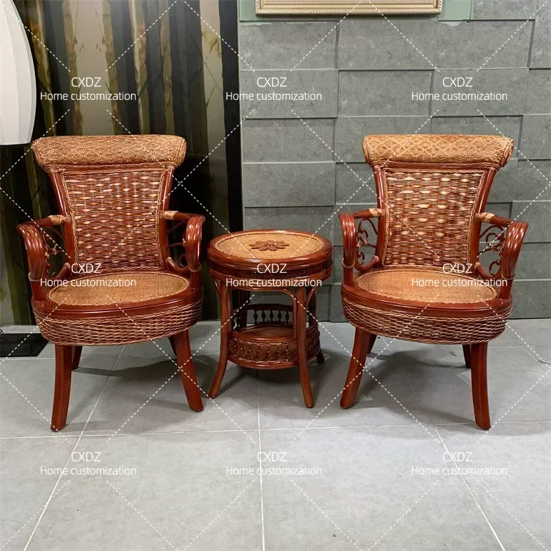 3 Piece Rattan Chair Set with Coffee Table Natural Wicker Balcony Furniture Casual Outdoor Patio Seating Combination for Home