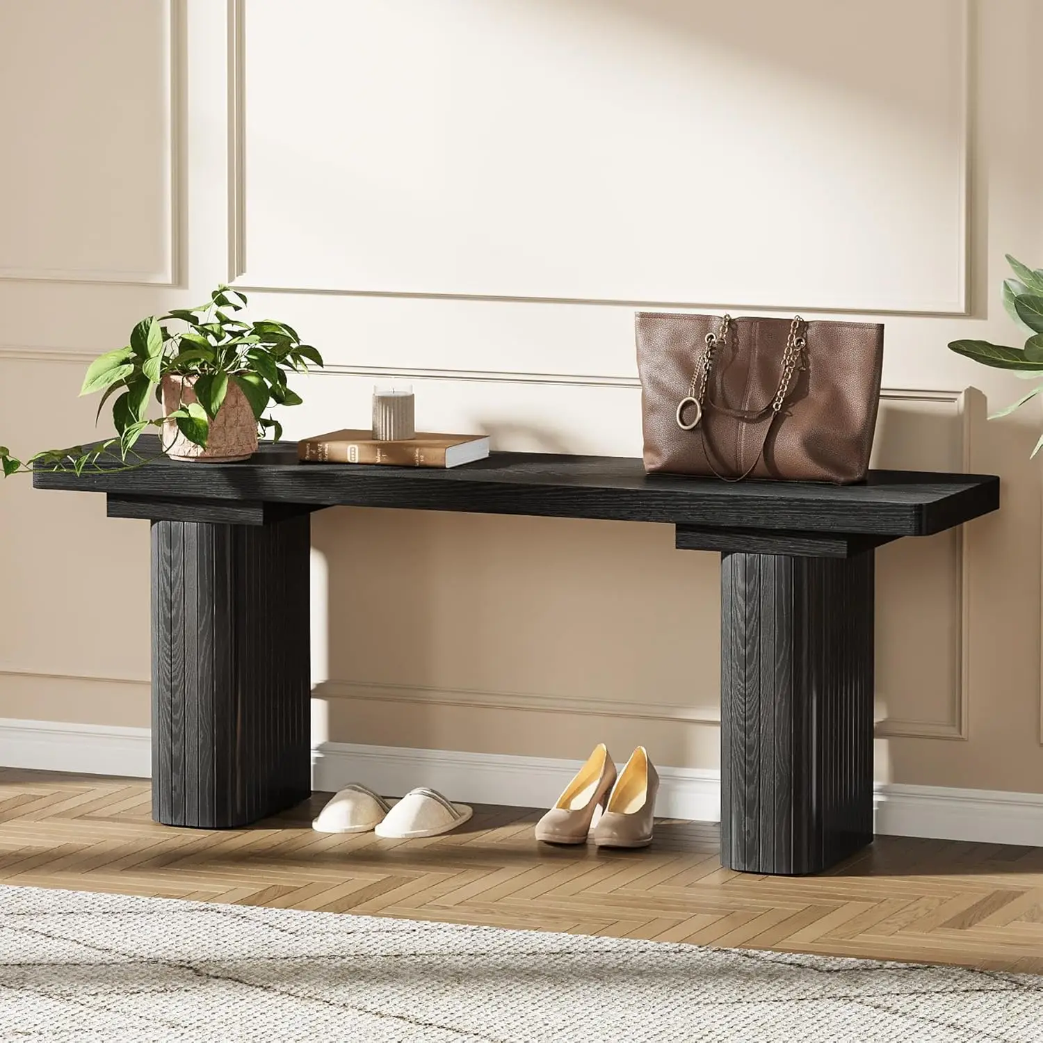 

Скамья для прихожей 47 дюймов, деревянная скамья для обуви с утолщенными ножками 5,12 дюйма, современный обеденный стул, узкая скамья для прихожей/фойе