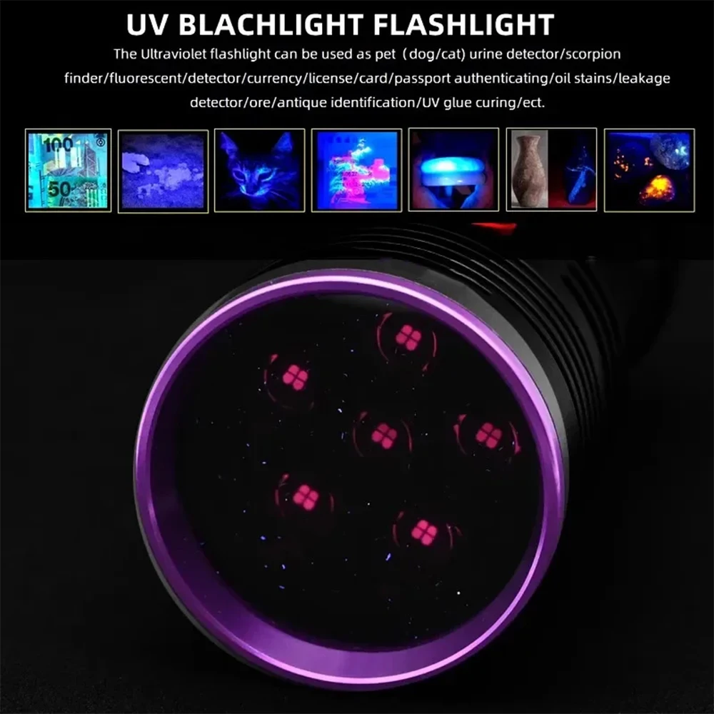 High Power 365nm UV Flashlight 120W LED Black Mirror Purple Light Ultraviolet Torch Pet Urine Stains Detector USB Rechargeable