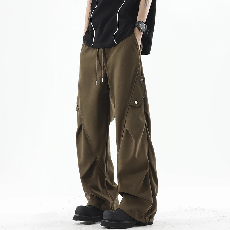 الذكور البضائع السراويل النمط الأمريكي مطوي واسعة الساق فضفاضة تناسب فائدة السراويل ربيع الخريف الشارع الشهير عادية مستقيم الساق بنطلون