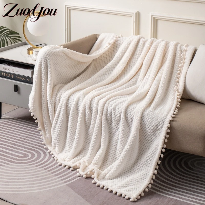 

Cozy Thickened Throw Blanket for Beds Soft Warm Solid Color Coral Fleece Blanket with Tassel Balls Sofa Cover Winter Home Decor