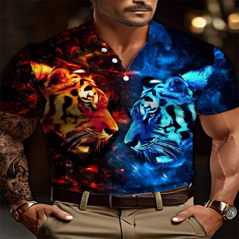 

Stunning Style Fire And Ice Tiger Art Painting Printing Short Sleeve Polo Hawaiian Ethnic Style Tiki Mermaid Monster And Beauty