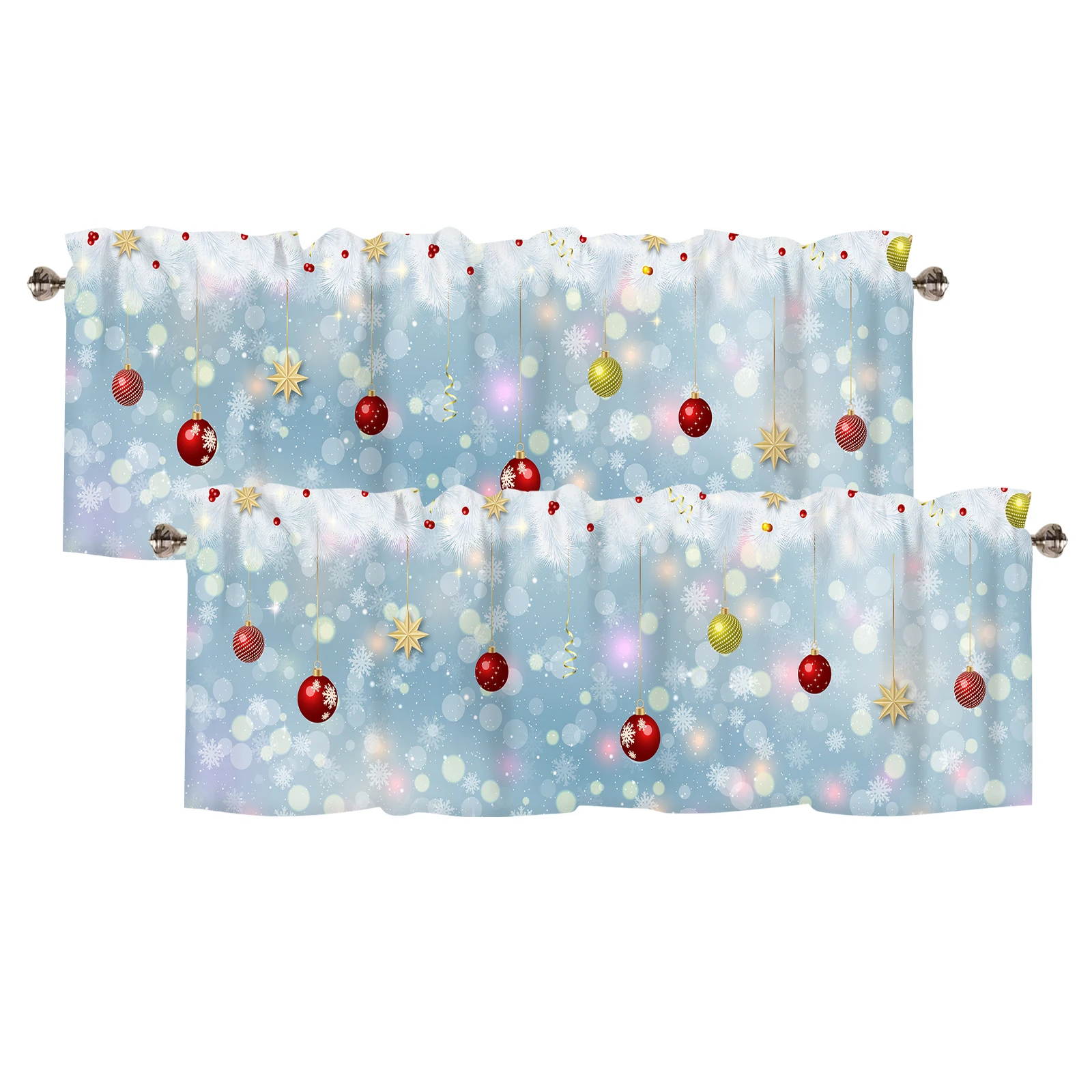 2 Pcs Christmas Holiday Valance, Snowflakes Print Rod Pocket Short Curtain, Winter Kitchen Window Treatment