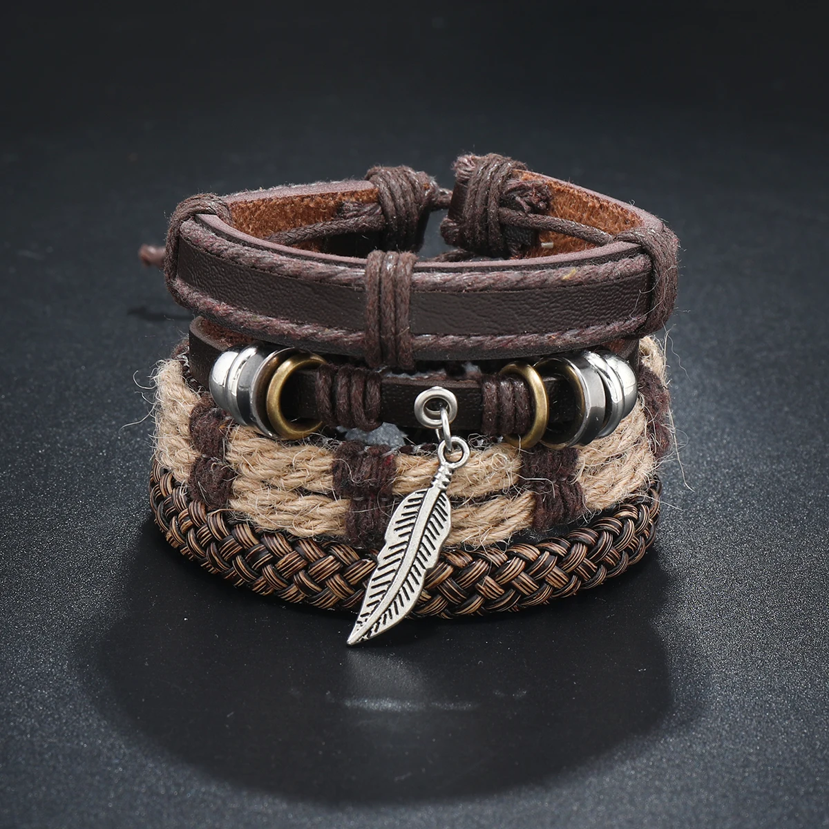 Vintage Leather Bracelet Leaf Pendant PU Leather Bracelet Multi-layer Woven Bracelet Drawstring Bracelet Accessory Jewelry