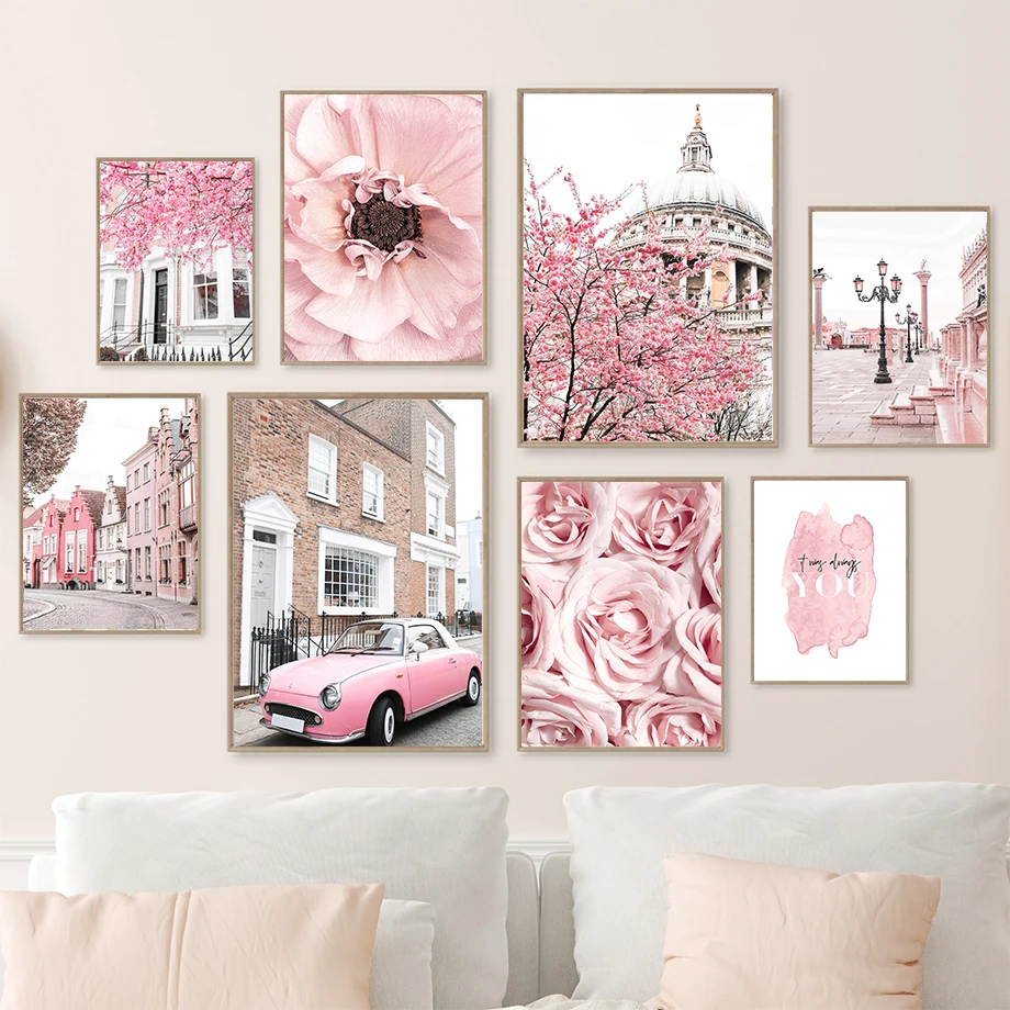 (2D Canvas Painting) Pink Paris Building Car Cherry Blossom Rose Wall Art Canvas Painting Nordic Landscape Posters Prints Pic