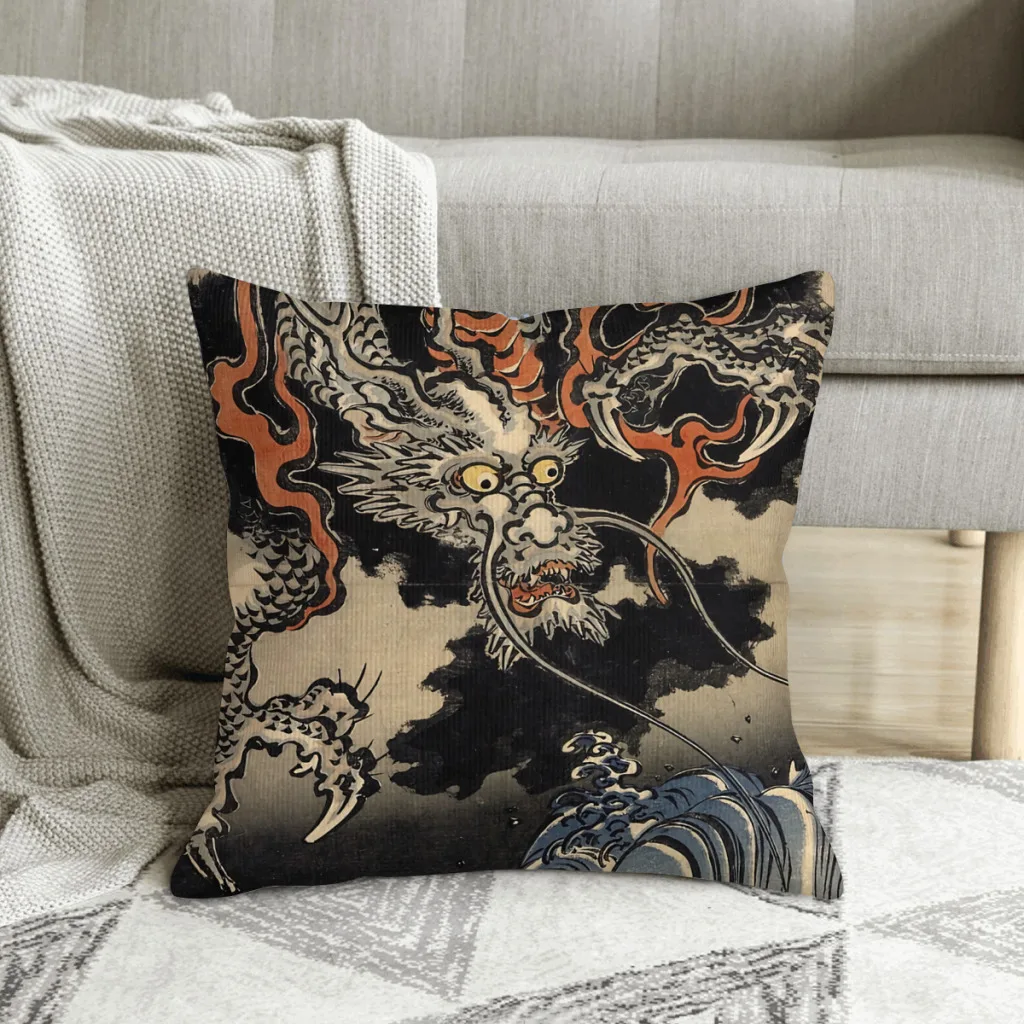 Utagawa Kuniyoshi Dragon and Waves Japanese Style Art Polyester Cushion Cover For Sofa Car Decorative Kawaii