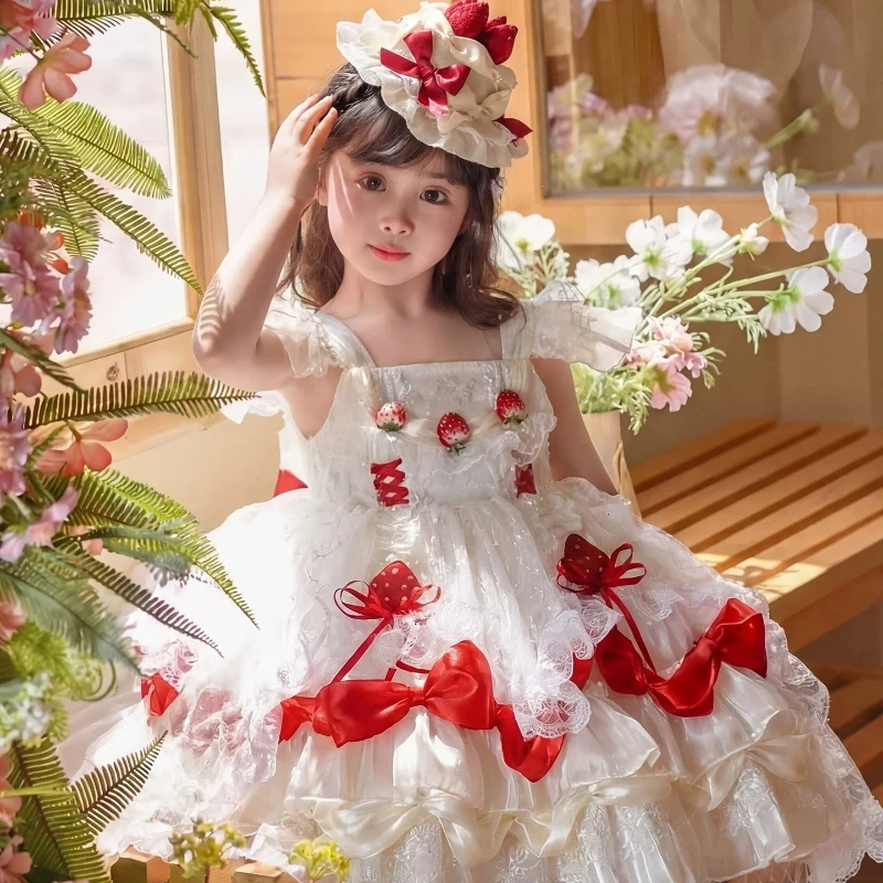 Handgefertigtes Neues Mädchen-Sommerkleid Erdbeer-Prinzessin Lolita Trägerkleid Süßes Kleines Mädchen Boutique Hochwertiges Kostüm 3-10 Jahre – Detail 3