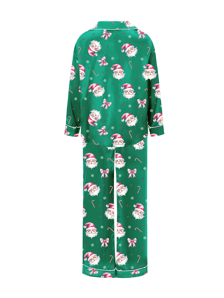 Women Christmas Pajama Set Santa Claus Print Long Sleeve Button Up Shirt with Elastic Pants Sleepwear Leisure Loungewear Pjs