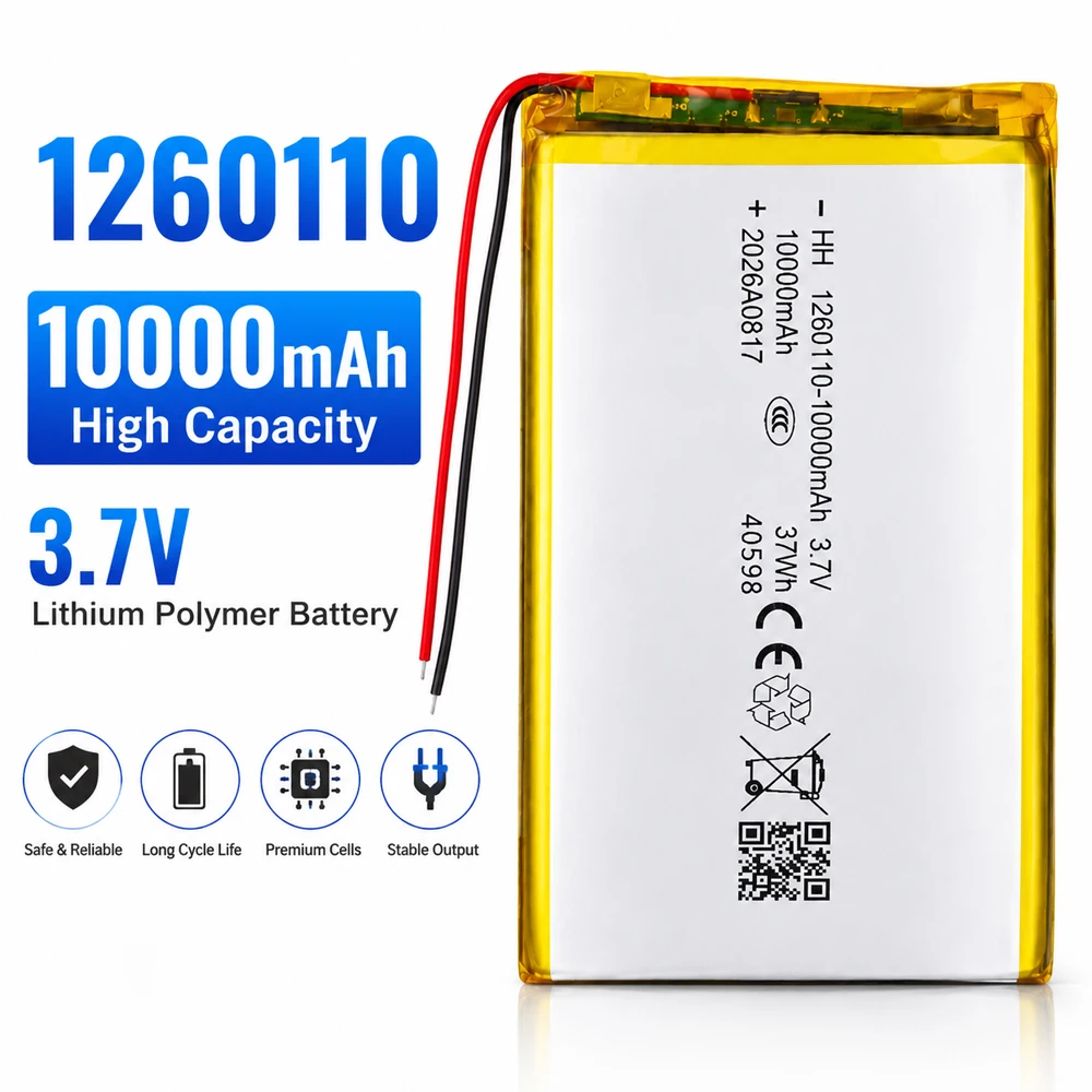 1260110 3.7V 10000mAh Polymer Lithium Battery High Power Suitable for Power Banks GPS Devices and Tablets 100% Actual Capacity.