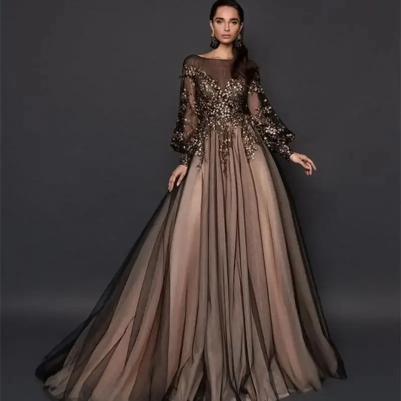 Vintage Long Evening Dresses Women Full Sleeves Maxi Gown Lace Appliques vestido de novia Party Celebrity Gown