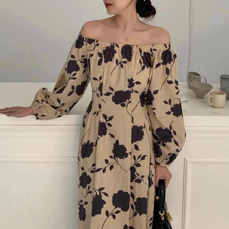 

Women's Vintage Long Floral Dresses with Belt Slash Neck Slim Fit Full Sleeve Midi Dresses French Style
