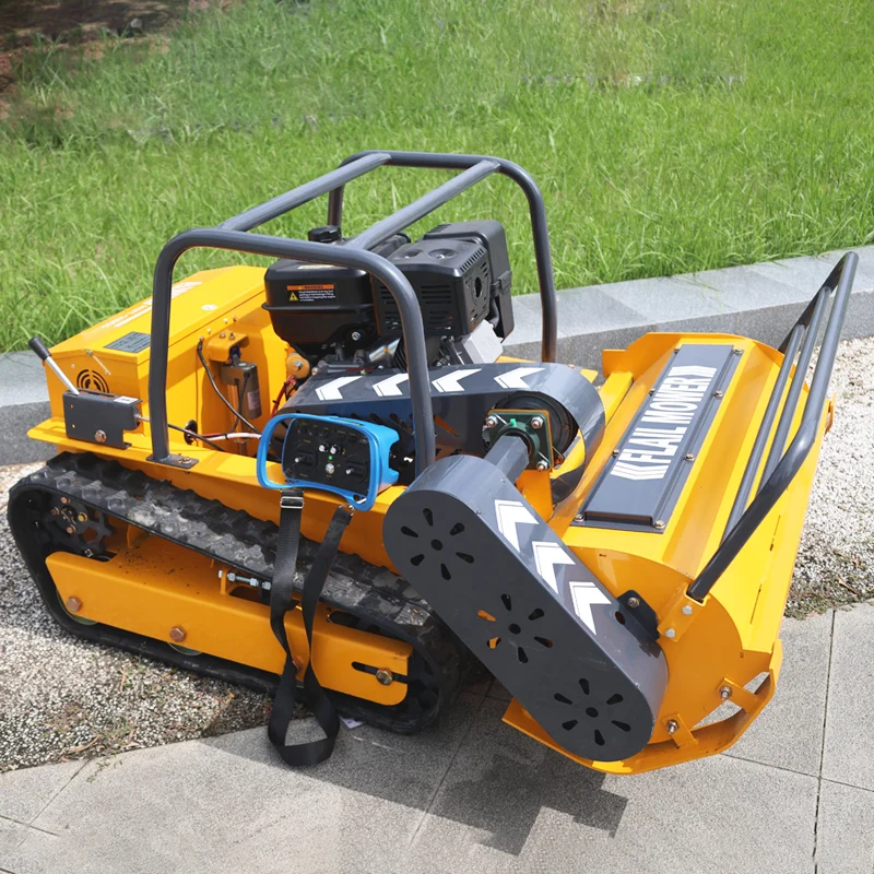 

Customized remote-controlled lawnmower, can be fitted with a snow plow attachment, available in yellow and blue.