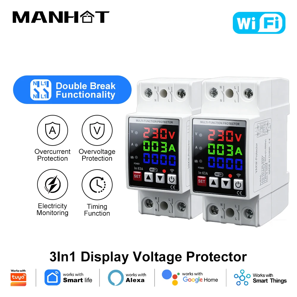 MANHOT Wifi Smart 3In1 Display Dual Circuit Breaker 2P 63A DIN Rail Over/Under Voltage Protector Current Adjust Timing Monitor