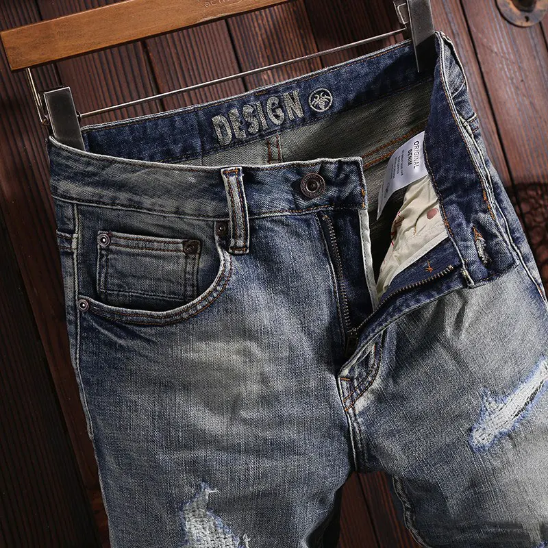 Street Fashion Men Jeans High Quality Retro Washed Blue Stretch Slim Fit Ripped Jeans Men Patched Designer Vintage Denim Pants