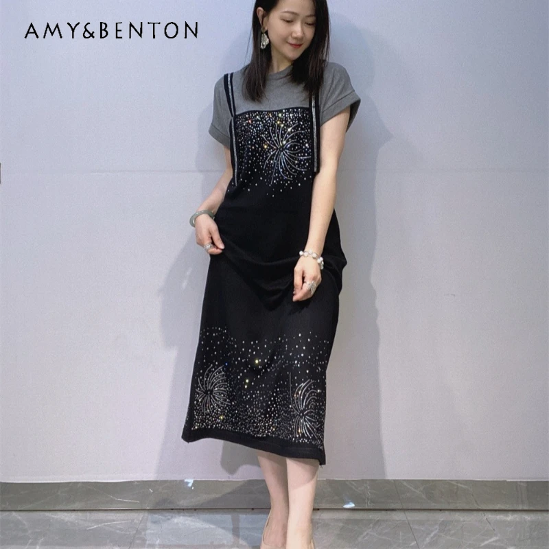 

Elegant Black Oversized Fake Two Piece Knitted Dress Ladies Short Sleeves Luxury Rhinestone Slim Fit Casual Party Black Dresses