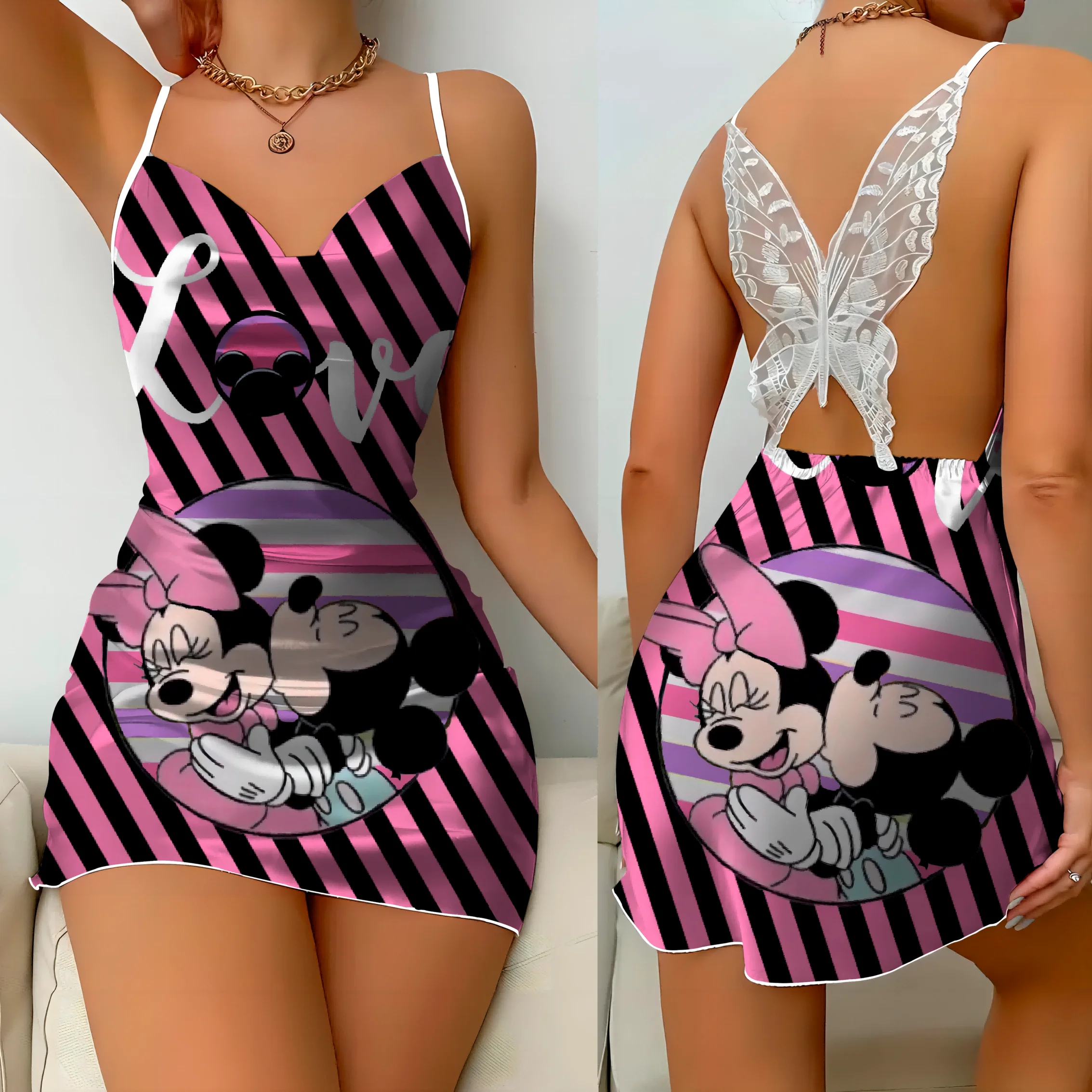 Saia de pijama Disney Minnie Mouse feminina, vestido elegante Mickey, vestido de renda de superfície cetim, nó laço, moda verão, 2024