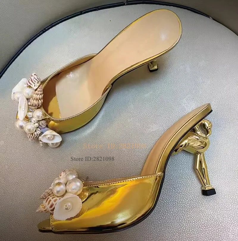 Abnormal Heeled Gold Patent Leather Pears and Shell Mules Summer Sandals Women's Shoes High Heels Open Toes Party Show Shoes