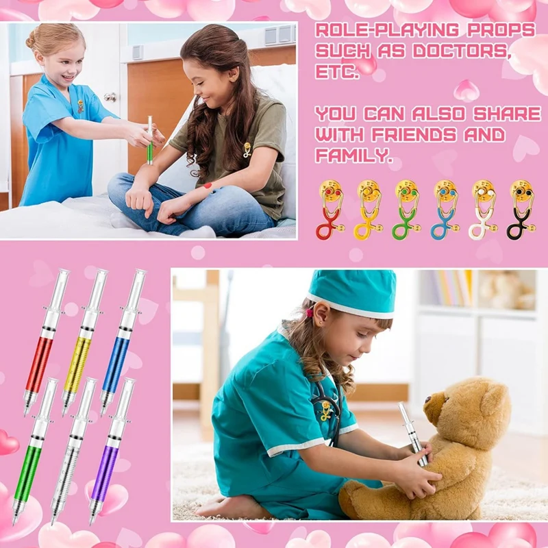 Nurses Day Gift Bulk Nurse Appreciation Gift, Syringe Pen Multi-Color Novelty Pen And Stethoscope Brooch Mini Pin Badge