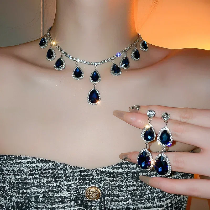 FYUAN Luxury Green Square Crystal Necklace Earrings for Women Dark Blue Water Drop Earrings Wedding Bride Jewelry Sets