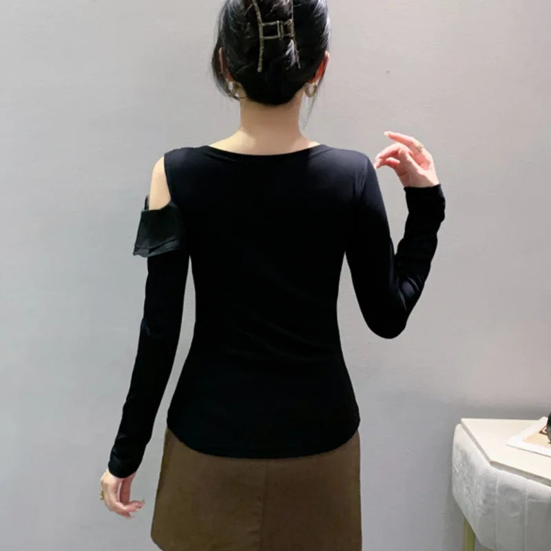 #4248 Black Red Short Mesh T Shirt Sexy Skew Collar Tight Split Joint Flower One Shoulder Tshirt Women Long Sleeve Spring Summer