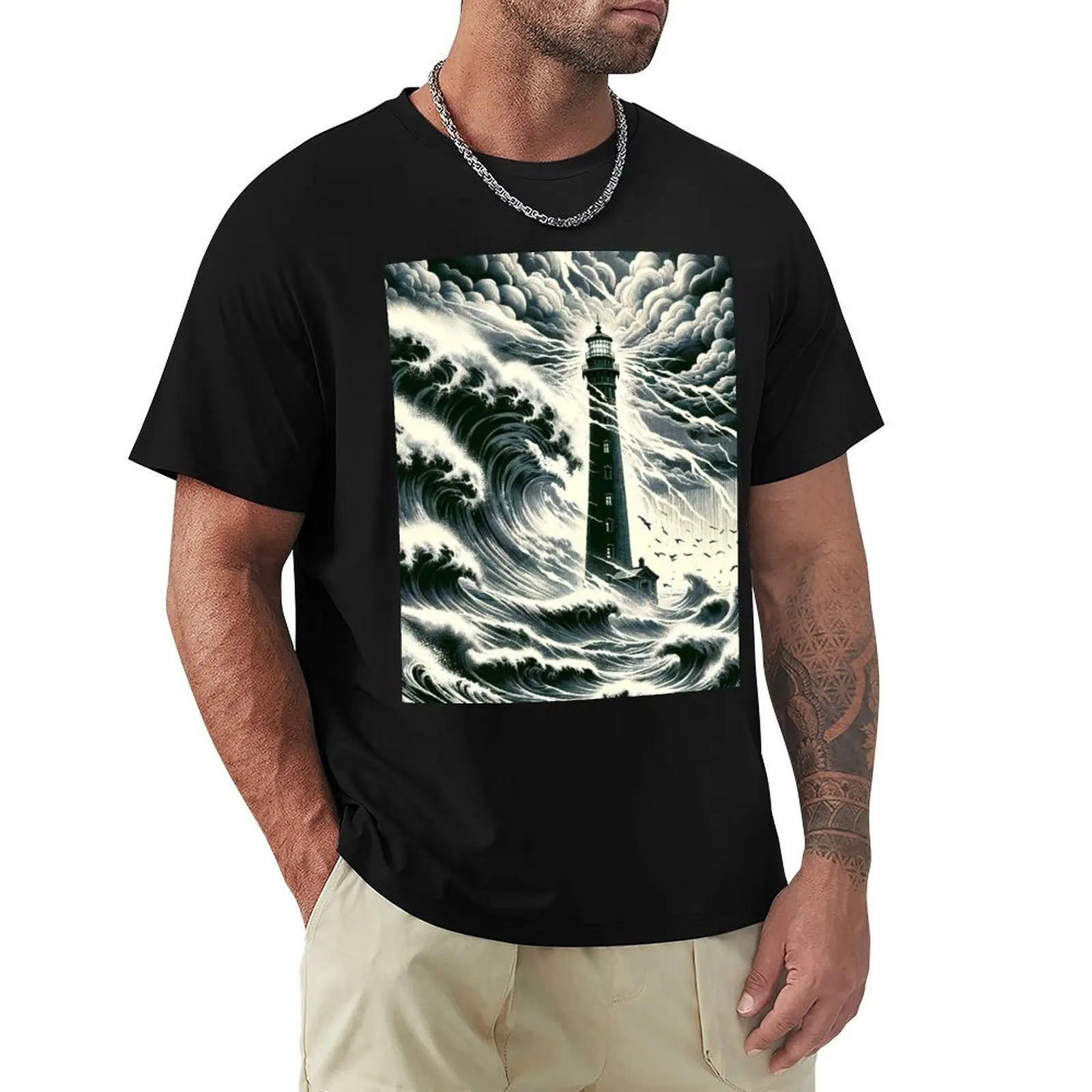 

Beacon Amidst Fury Lighthouse in Storm's Grasp T-Shirt vintage anime shirt cotton graphic tees mens t shirts casual stylish
