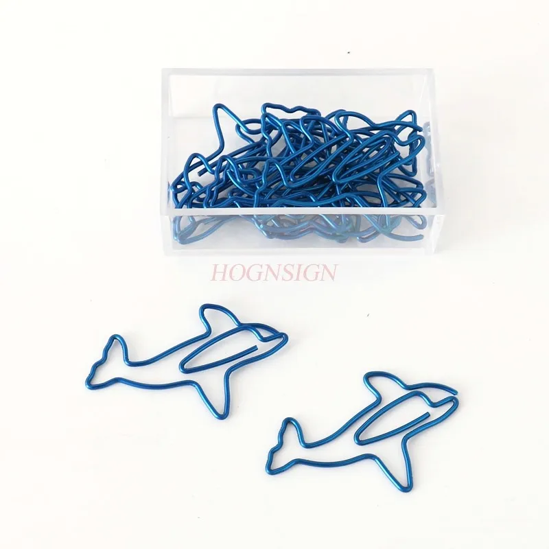 15pcs dolphin shaped paper clip with bright blue decorative bookmark, cute student clip