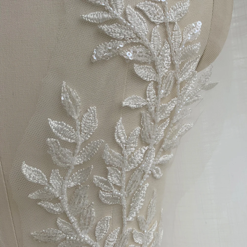 46 * 12,5CM Hochwertige Perlen-Pailletten-Blätter Bestickte Spitze Große Spiegelblumen-Applikation Patch DIY Hochzeitsaccessoires zum Nähen – Detail 9