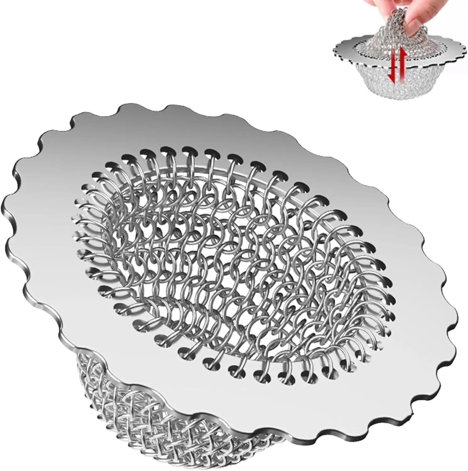 

Kitchen Sink Drain Strainer, 304 Stainless Steel Reversible Mesh Strainer with Flexible Chain, Anti-Clog Garbage Disposal Tool
